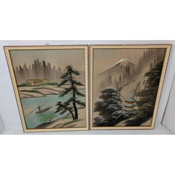 Vintage Pair of Japanese Silk Paintings Embroidered Crewel Asian Mount Fuji MCM‎